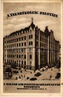 Budapest V. A Takarékosság palotája, Magyar királyi Posta Takarékpénztár székháza, villamos, automobil, magyar címer. Photo Erdélyi. Hold utca 4. (ázott sarok / wet corner)