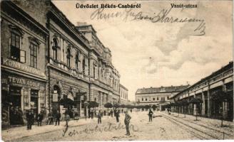 1908 Békéscsaba, Vasút utca, üzletek, Tevan Adolf könyvnyomdája és saját kiadása (EM)