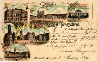 1898 Temesvár, Timisoara; Színház, Józsefvárosi zárda, Gyárváros, Kossuth tér, Jenő herceg tér, Losonczy tér, Scudier szobor. Uhrmann Henrik kiadása / theatre, squares, nunnery, monument. O.Z.M. Art Nouveau, floral, litho (EK)