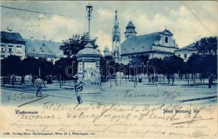 1900 Temesvár, Timisoara; Jenő herceg tér, Rukavina emlékmű, hirdetőoszlop. Hans Nachbargauer kiadása / square, monument, advertising column