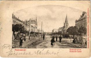 1903 Temesvár, Timisoara; Kossuth utca, piac, villamos. Moravetz Gyula kiadása / street view, market, tram (szakadások / tears)
