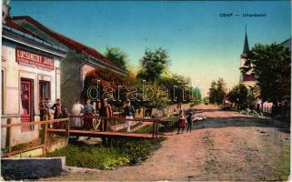 1915 Csap, Chop, Cop; utcakép, Lucsánszky János üzlete. Vasúti levelezőlapárusítás 8537. / street view with shop (kis szakadás / small tear)