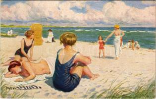 Badeliv ved Stranden / Badeleben / Au bain de mer / Surfbathing. Ladies at the beach. Alex. Vincents Kunstforlag Maleriserie Nr. 45. s: Paul Fischer (EK)