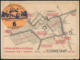 1933 IV. Cserkész Világjamboree Gödöllő, utazási kedvezményre jogosító kitűző a 6. napra, Szürke Taxi jamboree reklám térképpel / Scout World Jamboree, discount travel voucher for day 6 with taxi map 21x15 cm