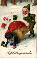 Herzlichen Neujahrswünsche / New Year greeting card, dwarfs, mushroom, litho