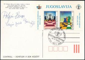 Polgár Judit, Polgár Zsuzsa, Polgár Zsófia, saját kezű aláírásaival ellátott képeslap sakkverseny alkalmi bélyegzéssel