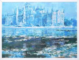 Gulyás Dénes (1927-2003): Jégzajlás a Dunán Budapesten, a Parlament előtt, 1996. Olaj, farost, jelezve jobbra lent. Fakeretben. 60x80 cm