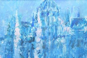 Gulyás Dénes (1927-2003): Jégzajlás a Dunán Budapesten, a Parlament előtt, 1996. Olaj, farost, jelez...