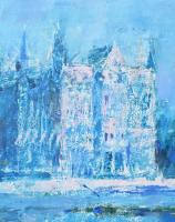 Gulyás Dénes (1927-2003): Jégzajlás a Dunán Budapesten, a Parlament előtt, 1996. Olaj, farost, jelez...