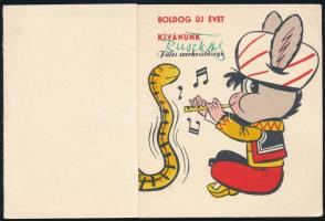 ca 1965 "Boldog új évet kíván Füles", Ruszkay György (1924-1998) grafikája. Nyomat, papír,...