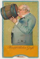 Feuchtfröhlichen Gruss / férfi söröshordóval, humoros mechanikus művészlap / old man with beer barrel, humour mechanic art postcard. E. Nister litho s: J. Durst