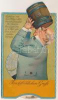 Feuchtfröhlichen Gruss / férfi söröshordóval, humoros mechanikus művészlap / old man with beer barre...