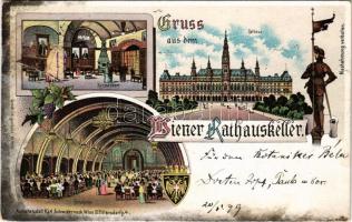 1899 Wien, Vienna, Bécs; Wiener Rathauskeller, Ratsstüberl, Ratskeller, Rathaus. Kunstanstalt Karl Schwidernoch / restaurant, inn, interior, town hall. Art Nouveau, floral, litho (r)