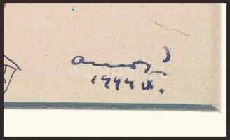 Ámos Imre (1907-1944): Jelenet. Ofszet nyomat, papír. Jelzett a nyomaton. 22,5×15 cm, paszpartuban