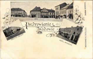 Wadowice, Hotel pod Sobieskim, Rynek, Hotel Wysoglad. Dudka / hotel, square, shops. Art Nouveau, floral (tear)