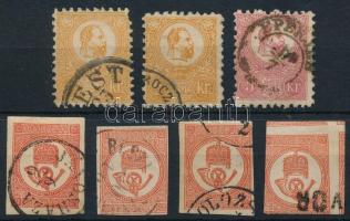 1871 Kőnyomat tétel stecklapon: 2 x 2kr, 5kr és 4 x Hírlapbélyeg (min 133.000) (2kr hiányzó fog / missing perf, 5kr papírelvékonyodás / thin paper)