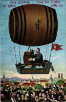 Sörivó férfi hordóléghajón / Jung gewohnt alt getan... / man drinking beer in barrel airship. L&amp;P 5096.