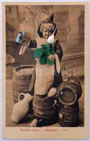 Senice na Hané, Alpendorf / child with beer mug, barrels and radish, with plastic appliques