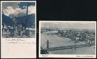 1938-1939 Kiss Manyi (1911-1971) Kossuth- és Jászai Mari-díjas színésznő autográf üdvözlő sorai, az egyiken aláírásával, a másikon saját felvételével, Matits Lajos (1902-1972) a Kékes-Szálló magaslati gyógyintézet főorvosa részére, 14x9 cm, 14x8,5 cm