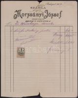cca 1886-1888 Iparművészeti Különlegességek Raktára Honi Iparművészeti Vállalat Morzsányi József tagja és képviselője, Budapest, VI. Sugár-út [Andrássy-út] 40. szám. Díszbútorok. 2 db reklám címke (7x10 cm), valamint Morzsányi József Díszműkészítő fejléces számlája (Bp., IV. Kigyó utcza 8.), 5 kr okmánybélyeggel, szakadt, valamint 2 db jegyzetlap