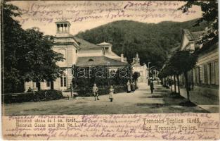 1905 Trencsénteplic, Trencianske Teplice; Heinrich utca és 1. számú fürdő. Wertheim Zsigmond kiadása / Heinrich Gasse und Bad No. 1. / street view, spa, bathhouse (EK)
