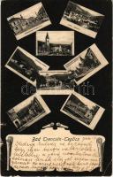 1905 Trencsénteplic, Trencianske Teplice; Széchenyi utca, látkép, Villa völgy, Heinrich utca és 1. sz. fürdő, Dr. Heinrich villa és gyógyszertár, gyógyterem. Sigm. Wertheim kiadása / street view, general view, villas, spa, baths, pharmacy. Art Nouveau (szakadások / tears)