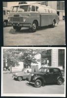 cca 1960 Régi autók és tejszállító kocsi, 2 db fotó, 8×11 cm