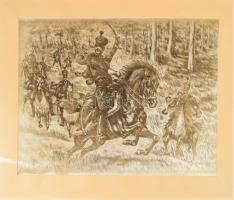 Rádóczy Gyarmathy Gábor (1943-): Huszárok (1848-49 szabadságharc). Rézkarc, selyem. Jelzés nélkül. Paszpartuban. 29,5×39,5 cm