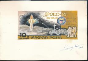 1972 Légrády Sándor Apollo-16 bélyegterve a tervező aláírásával. Képméret: 140 x 67 mm