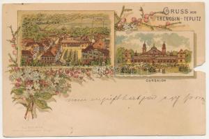 Trencsénteplic, Trencianske Teplice; látkép, gyógyterem / Cursalon / general view, spa. L. v. Sch. Wien Art Nouveau, floral, litho (b)