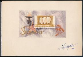 1971 Légrády Sándor Szojuz-11 bélyegterve a tervező aláírásával. Képméret: 119 x 68 mm