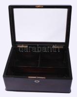 Régi fa díszdoboz, üveglap betéttel, zárja nem működik, 22x3x13 cm