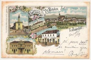 1900 Bán, Trencsénbán, Tr. Baán, Bánovce nad Bebravou; Római katolikus templom, városháza, Gróf d'Harcourt-féle kastély, Fuchs Vilmos könyvnyomdája, üzlete és saját kiadása / church, town hall, castle, publisher's shop. Art Nouveau, floral, litho (fl)