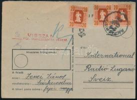 1946 Levelezőlap hadifogoly keresés ügyben 40f bérmentesítéssel, kisegítő számbélyegzővel Sárkeresztúrról a Luganoi Rádióhoz, "20f DÍJKIEGÉSZÍTÉS VÉGETT" visszaküldve, a 20f bélyeget utólag felragasztották. Érdekes és ritka darab!