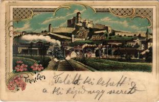 Trencsén, Trencín; vasút a vár alatt, gőzmozdony, vonat / railway under the castle, train, locomotive. Regel u. Krug Art Nouveau, floral, litho (EM)