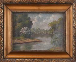 Olvashatatlan jelzéssel, XX. sz. első fele: Vízparti virágzás. Olaj, fa. Dekoratív fakeretben. 13x18 cm