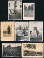 cca 1940-1945 Vegyes katonai fotó tétel, közte magyar címerrel feldíszített gőzmozdony, katonai temető, stb., összesen 7 db, változó állapotban, 7,5x5 cm és 6,5x9,5 cm között