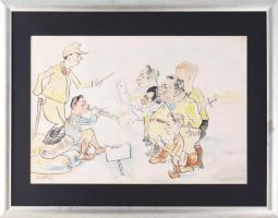 Póla Tibor jelzéssel: Műsor. Akvarell, tus, papír. Fakeretben. 29x43 cm
