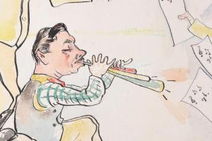 Póla Tibor jelzéssel: Műsor. Akvarell, tus, papír. Fakeretben. 29x43 cm