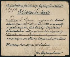 1920 Jászberény, a jászberényi kir. járásbírósági fogház elbocsátólevele, Czetti Zoltán fogházgondnok aláírásával