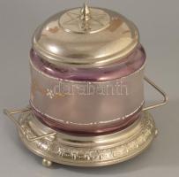 Szecessziós cukordoboz, fém szerelékben, m: 14 cm