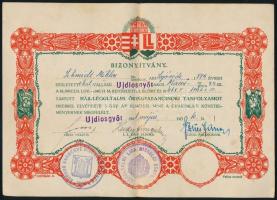 1941 Újdiósgyőr, Légoltalmi Liga miskolci csoportja által kiállított bizonyítvány ház-légoltalmi őrségparancsnoki tanfolyam elvégzéséről, dekoratív grafikával (szign. Gombár A.), aláírásokkal, 15x21 cm