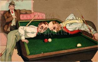 Humoros biliárd művészlap / Humorous billiard art postcard. PFB Serie 8174. Emb. litho