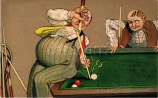 Humoros biliárd művészlap / Humorous billiard art postcard. PFB Serie 8174. Emb. litho