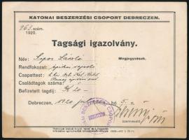 1920 Debrecen, katonai beszerzési csoport tagsági igazolvány, foltos
