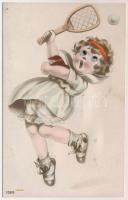 Teniszező gyerek, mozgó szemű képeslap / child playing tennis, moving eye postcard (fl)