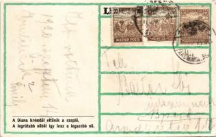 Teniszező hölgy művészlap. Diana krém reklám a hátoldalon / Tennis playing lady. Hungarian art postc...