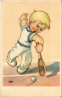 Teniszező gyerek művészlap / child playing tennis art postcard (gyűrődés / crease)