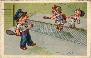1930 Teniszező gyerekek művészlap. Degami 972. / children playing tennis art postcard (fl)
