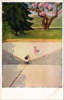 Teniszező gyerekek művészlap / children playing tennis art postcard (Rb)